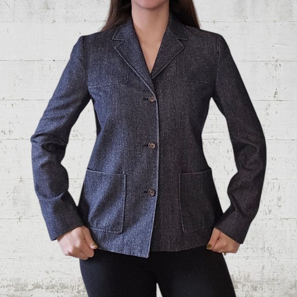 90s Vintage Michael Kors Navy Wool Blend Chambray Single Breasted Jacket Size 8 - Picture 9 of 10